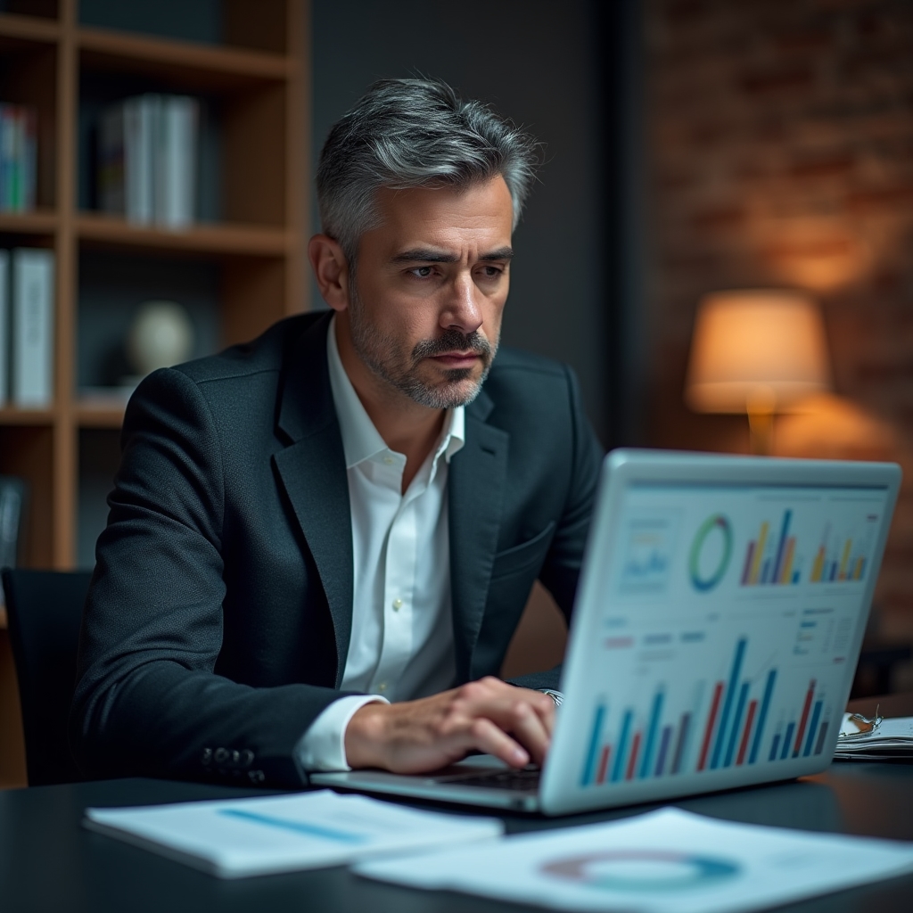 Предприниматель анализирует данные на ноутбуке